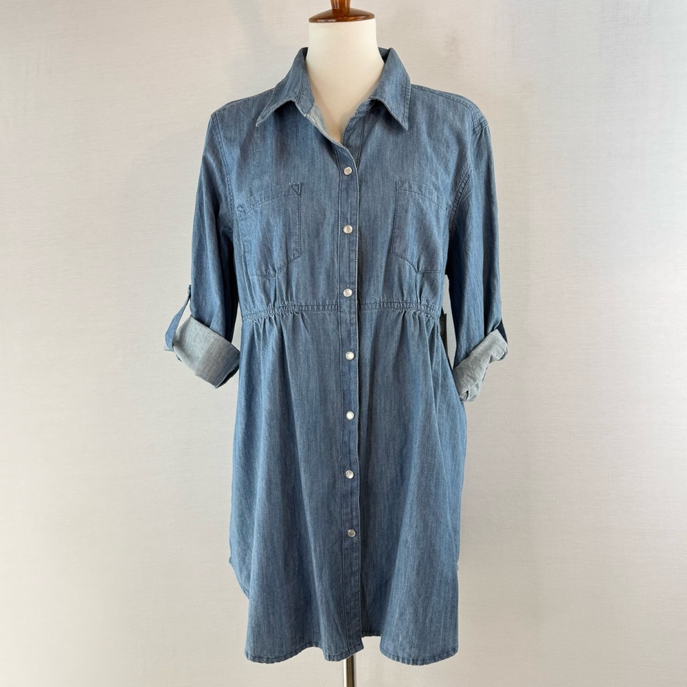 Style & Co. Cotton Chambray Denim Snap Front Roll Tab Sleeve Shirt Dress NWT